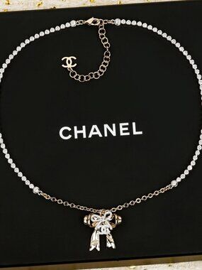 Chanel Gold-Tone Bow & CC Logo Pendant Necklace with Crystals